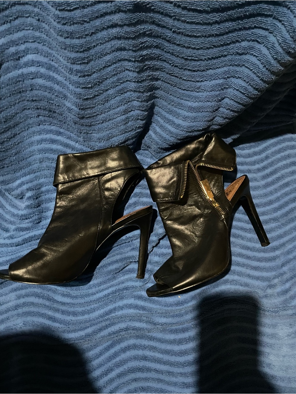 Black Leather Peep-Toe Stiletto Ankle Boots
